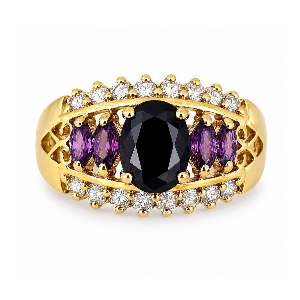 Vintage 1980s Ring Size 6 Purple CZ Cluster Pave Gold Plated Band - 14J